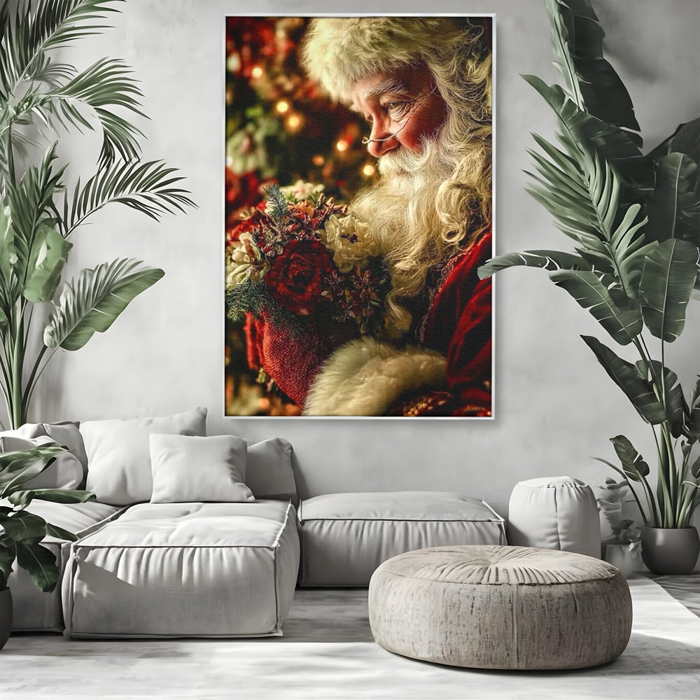 Tablou canvas cu portret ilustrativ cu mos craciun, in rama de aluminiu argintiu, pe perete intr-un living